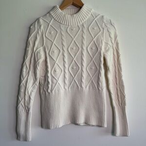 Burgess white cable knit heavy cotton crewneck sweater size small